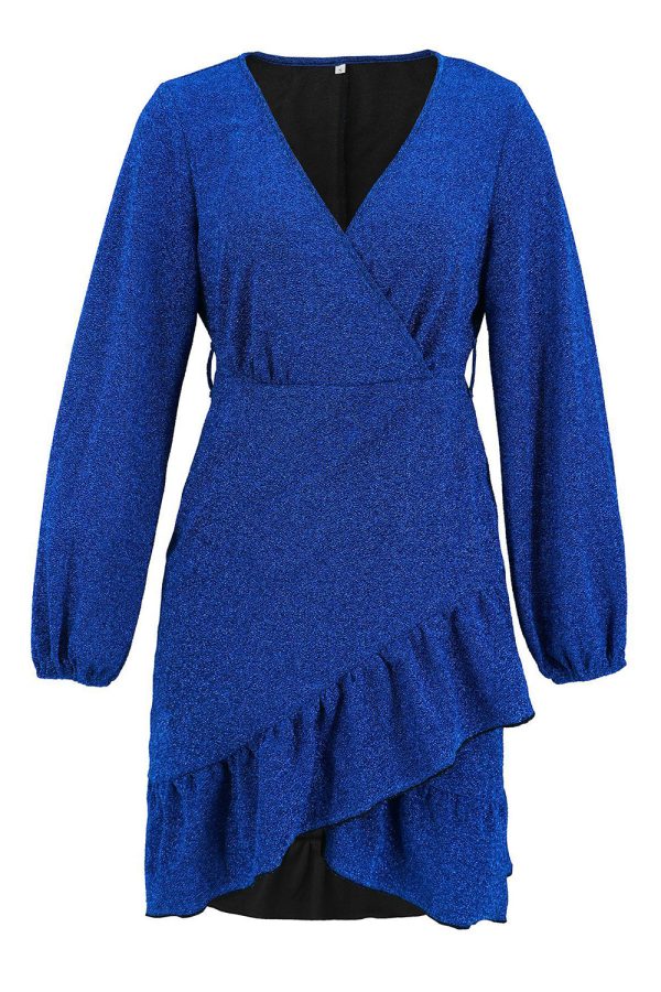 Royal Blue V Neck Wrap Ruffle Long Sleeves Short Party Dress Online Hot Sale