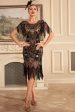 Black Golden Sheath 1920s Great Gatsby Sequin Fringe Flapper Dress with Sleeve Fashion