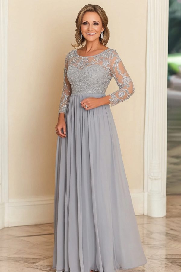 Silver A Line Scoop Chiffon Mother Of the Bride Long Dress with Lace Appliques Supply