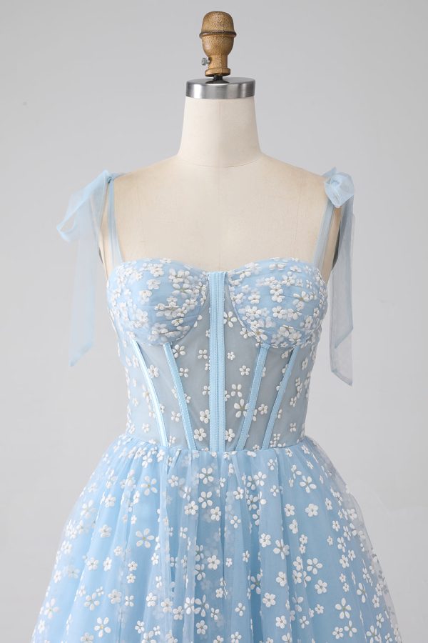 A-Line Spaghetti Straps Sky Blue Corset Prom Dress For Discount