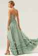 Dusty Sage Halter Corset Ruffled Long Bridesmaid Dress with Slit Discount