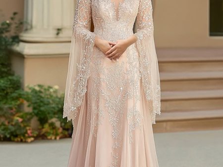 Beige A Line Flutter Sleeves Mother Of Bride Dress With Lace Appliques For Sale