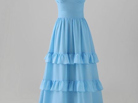 Blue A-Line V Neck Tiered Chiffon Long Bridesmaid Dress For Discount