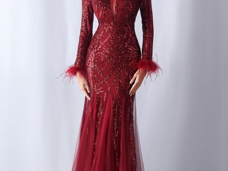 Sparkly Mermaid Burgundy Feathered Mother of Bride Dress with Long Sleeves Online now