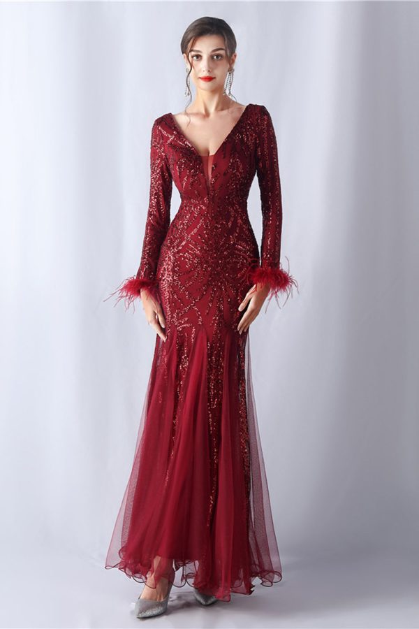 Sparkly Mermaid Burgundy Feathered Mother of Bride Dress with Long Sleeves Online now