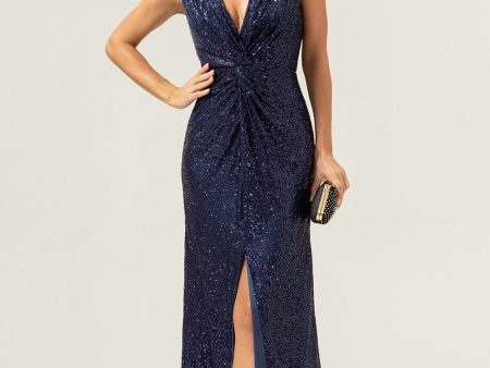 Sparkly Navy Sheath V-Neck Sequins Tea Length Prom Dress with Slit Online Hot Sale