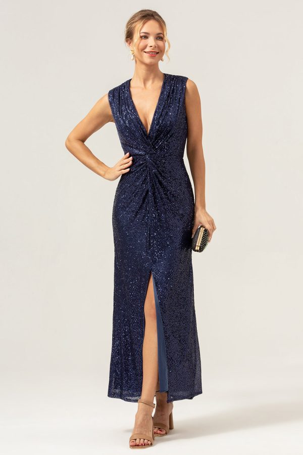 Sparkly Navy Sheath V-Neck Sequins Tea Length Prom Dress with Slit Online Hot Sale