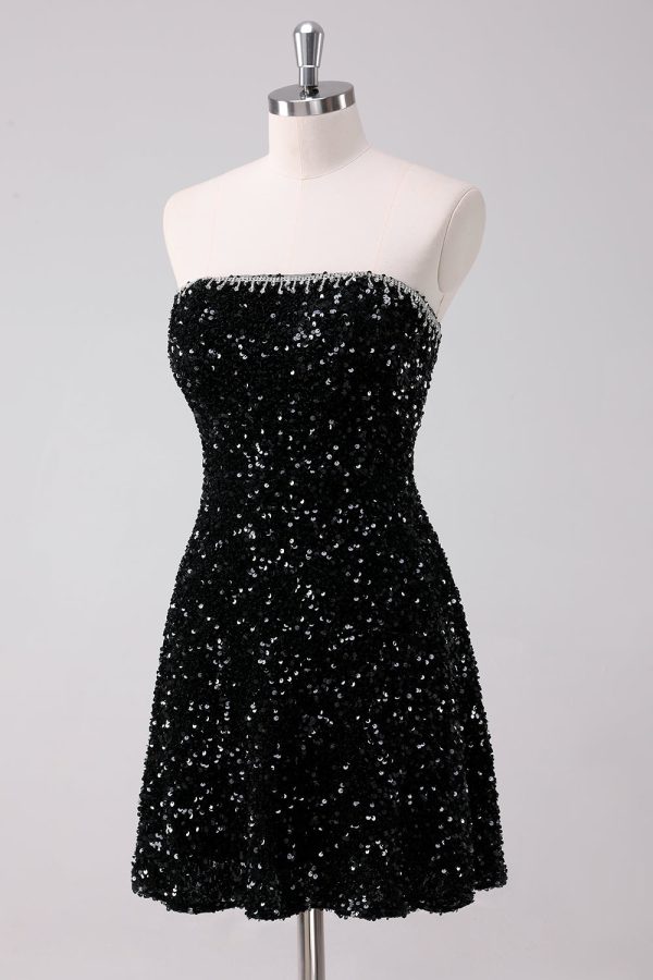 Sparkly Black A-Line Strapless Sequins Short Homecoming Dress Fashion