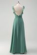 Eucalyptus Chiffon A Line Spaghetti Straps Long Bridesmaid Dress with Slit Sale