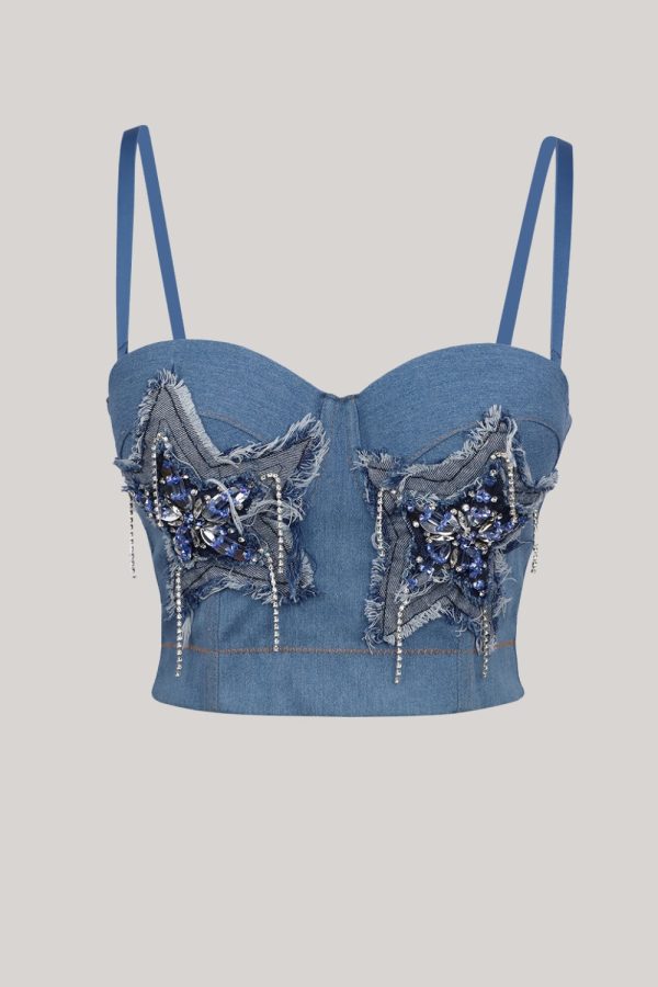 Sparkly Blue Jeans Corset Top With Stars Cheap