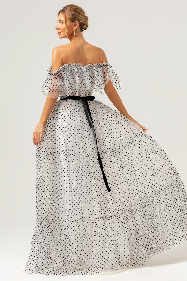 White Black A-Line Off The Shoulder Long Prom Dress with Dot Supply