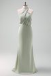 Dusty Sage Sheath Halter Neck Satin Long Bridesmaid Dress For Discount