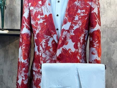 Red Floral Jacquard 2 Piece Men Prom Suits Online now