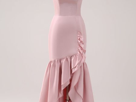 Pink Strapless Asymmetrical Ruffled Bridesmaid Dress Online Sale