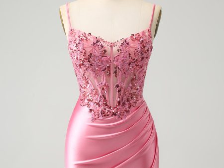 Sparkly Pink Tight Corset Spaghetti Straps Homecoming Dress with Appliques Cheap