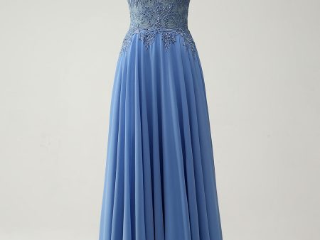 A Line Spaghetti Straps Pleated Long Prom Dress with Appliques Online Hot Sale