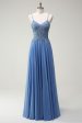 A Line Spaghetti Straps Pleated Long Prom Dress with Appliques Online Hot Sale