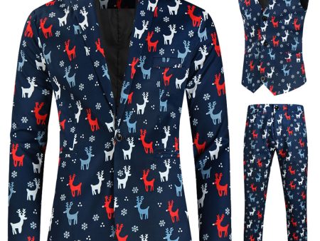 Dark Blue Elk Print 3-Pieces Men s Christmas Suits Sale