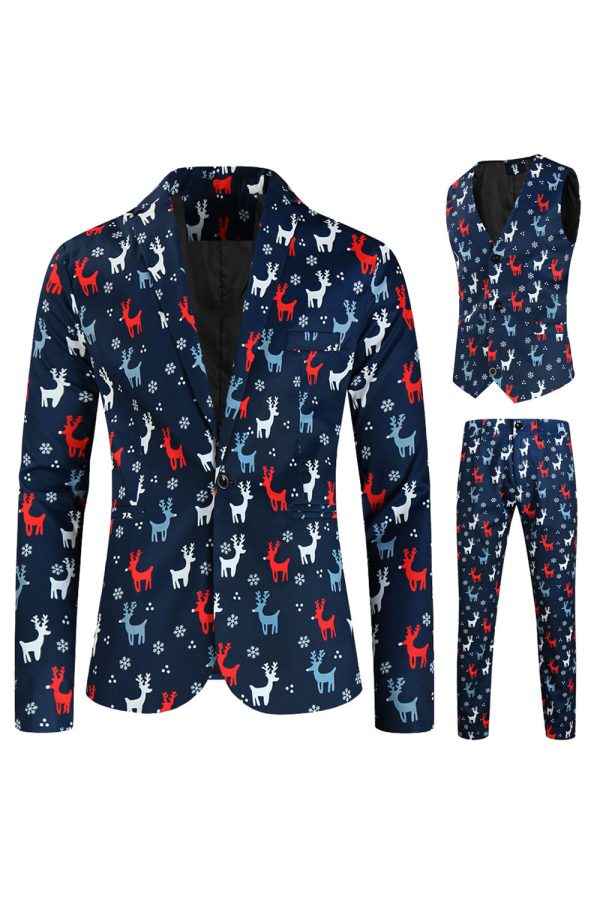 Dark Blue Elk Print 3-Pieces Men s Christmas Suits Sale