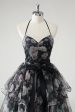 Black A Line Tiered Halter Floral Wedding Guest Dress With Detachable Hem Fashion