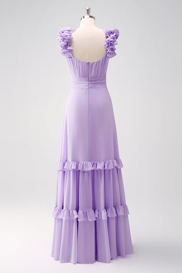 Lilac Chiffon A-Line Ruched Bridesmaid Dress with Ruffles Supply