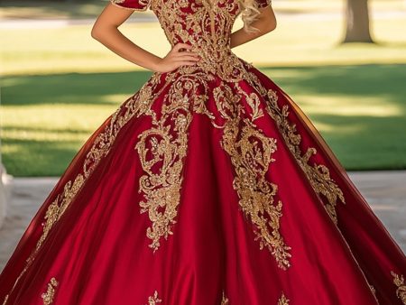 Sparkly Red Golden Satin Quinceanera Dress with Appliques Online Sale