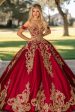 Sparkly Red Golden Satin Quinceanera Dress with Appliques Online Sale