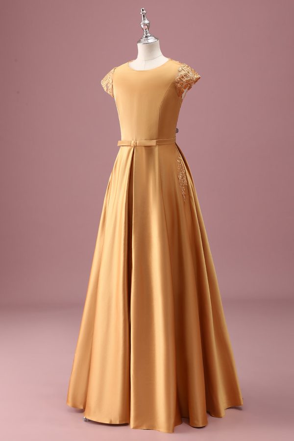 Golden Round Neck Chiffon A Line Short Sleeves Junior Bridesmaid Dress Supply