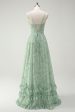 Green Flowers A-Line Spaghetti Straps Print Long Bridesmaid Dress with Slit For Discount