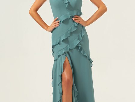 Eucalyptus Sheath Spaghetti Straps Ruffle Long Bridesmaid Dress with Slit Supply