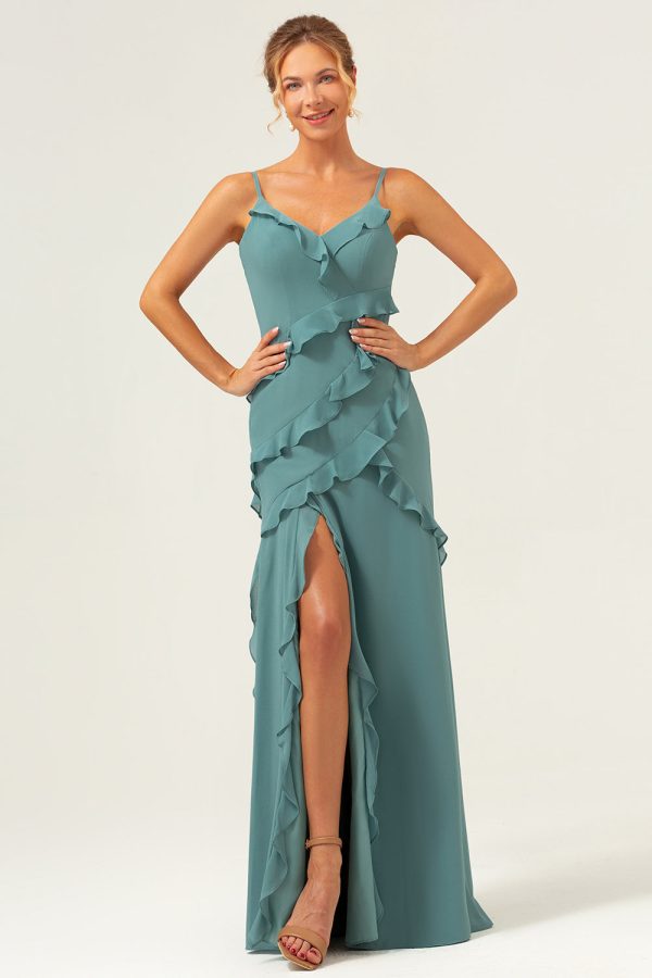 Eucalyptus Sheath Spaghetti Straps Ruffle Long Bridesmaid Dress with Slit Supply