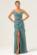 Eucalyptus Sheath Spaghetti Straps Ruffle Long Bridesmaid Dress with Slit Supply