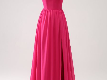 Fuchsia Spaghetti Straps Chiffon Long Bridesmaid Dress with Slit Fashion