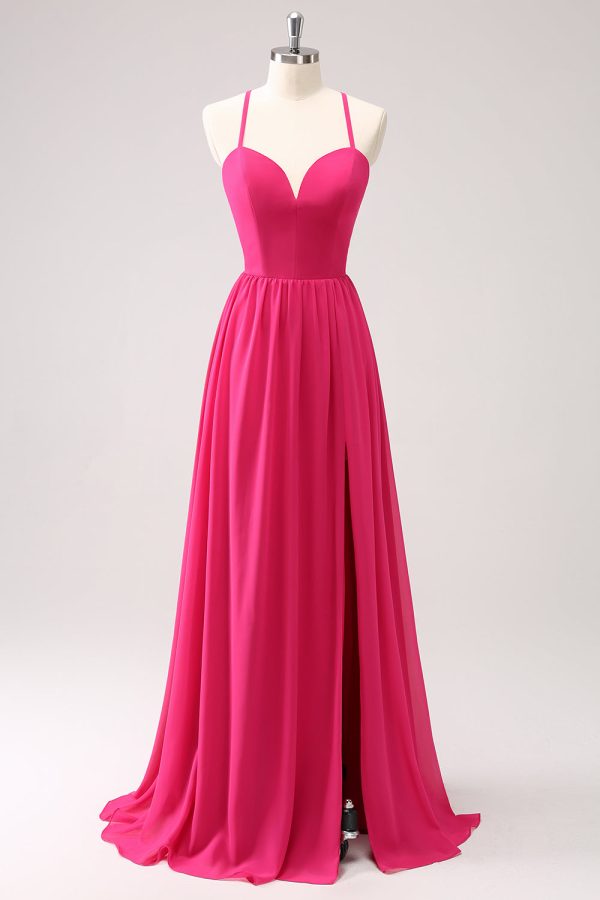 Fuchsia Spaghetti Straps Chiffon Long Bridesmaid Dress with Slit Fashion