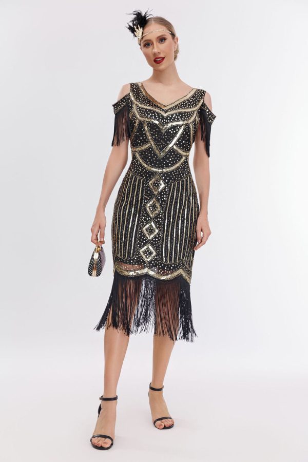 Black Golden Cold Shoulder Fringes 1920s Gatsby Dress Cheap