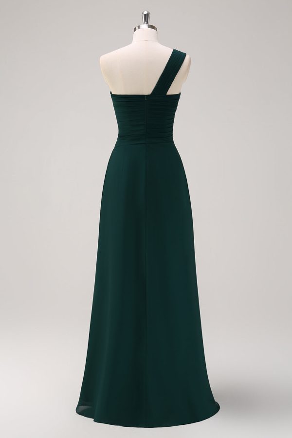 Dark Green One Shoulder A-Line Ruched Long Bridesmaid Dress Cheap