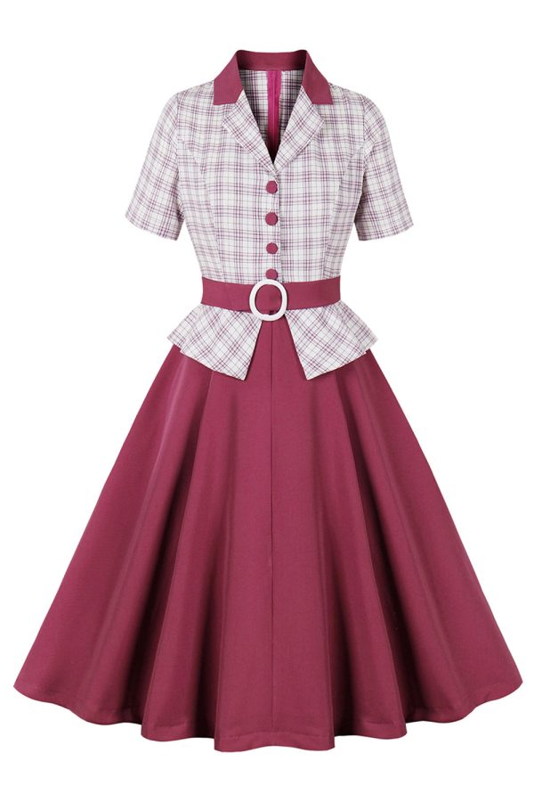 Purple Red Plaid Short Sleeves Swing 1950s Dress For Sale