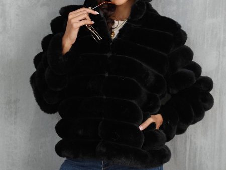 Black Fluffy Faux Fur Cropped Zip Up Coat with Hood Online now