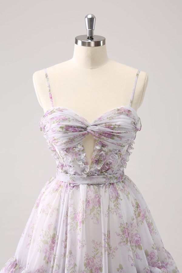 Lilac A-Line Floral Prints Ruffled Tiered Tulle Homecoming Dress Supply