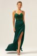 Dark Green Mermaid Spaghetti Straps Corset Satin Long Bridesmaid Dress with Slit Fashion