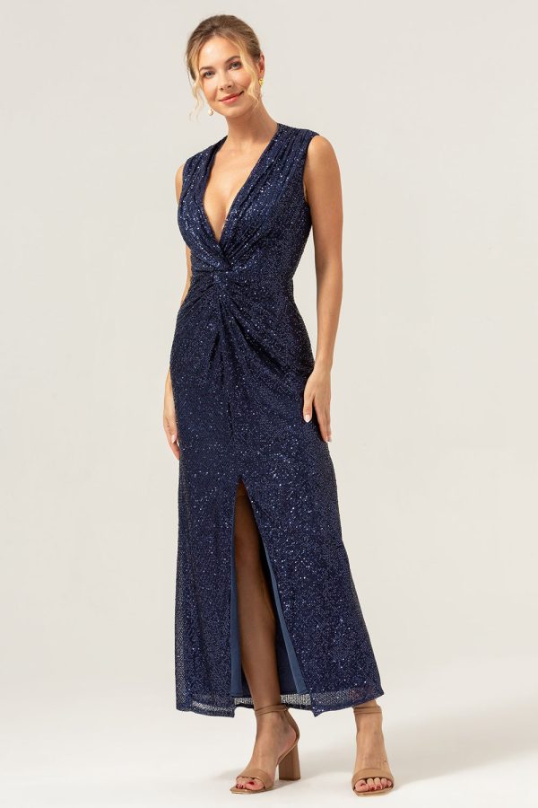 Sparkly Navy Sheath V-Neck Sequins Tea Length Prom Dress with Slit Online Hot Sale