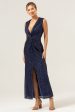 Sparkly Navy Sheath V-Neck Sequins Tea Length Prom Dress with Slit Online Hot Sale