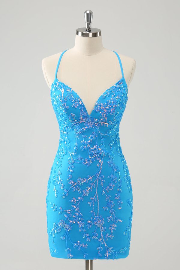 Sparkly Sky Blue Tight Short Homecoming Dress with Lace-Up Back For Cheap