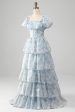 A Line Square Neck Light Blue Tiered Prom Dress with Ruffles Online now