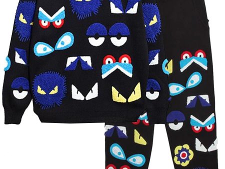 Funny Eyes Black Knitted Top and Pants Set with Multicolored Embroidery Fashion