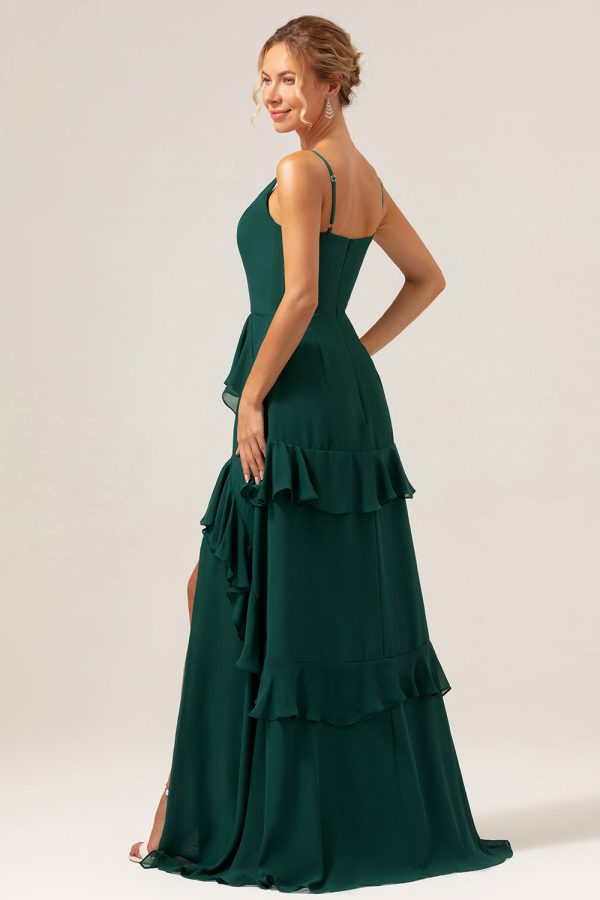 Dark Green A-Line Spaghetti Straps Chiffon Long Bridesmaid Dress with Ruffles Online Sale