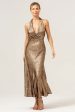 Golden Mermaid Halter Neck Backless Tea Length Bridesmaid Dress Online