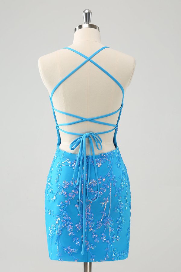 Sparkly Sky Blue Tight Short Homecoming Dress with Lace-Up Back For Cheap