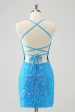 Sparkly Sky Blue Tight Short Homecoming Dress with Lace-Up Back For Cheap