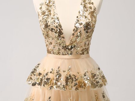 Sparkly Gold A-Line Halter Tiered Sequined Backless Short Homecoming Dress For Discount